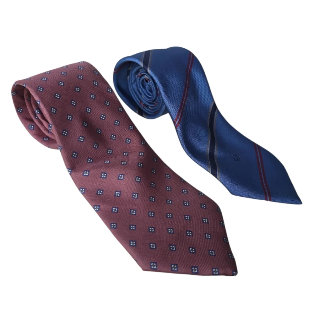 Christian Dior Neckties Set Of 2 Mauve Blue Stripes Diamonds